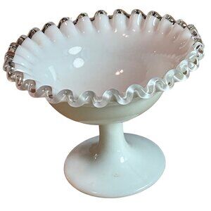 Vintage Fenton Silver Crest Milk Glass Ruffled Footed Bowl 5 1/2" Diameter 4" Ta